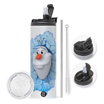 Frozen Olaf, Travel Tumbler θερμό με διπλό καπάκι, μεταλλικό καλαμάκι και βούρτσα καθαρισμού (Ανωξείδωτο 304 Food grade, BPA free, 600ml)