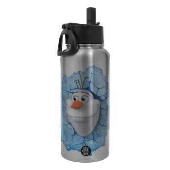 Frozen Olaf, Μεταλλικό παγούρι θερμός Silver με καλαμάκι και χερούλι (Stainless steel), διπλού τοιχώματος, 950ml