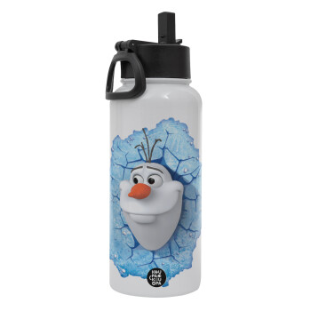 Frozen Olaf, Μεταλλικό παγούρι θερμός Λευκό με καλαμάκι και χερούλι (Stainless steel), διπλού τοιχώματος, 950ml