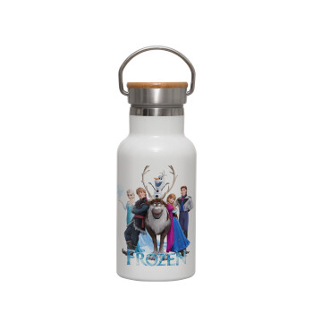 Frozen, Metallic thermos (Stainless steel) White with wooden lid (bamboo), double-walled, 350ml