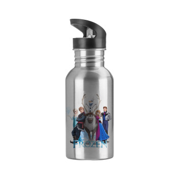 Frozen, Water bottle Silver with straw, stainless steel 600ml