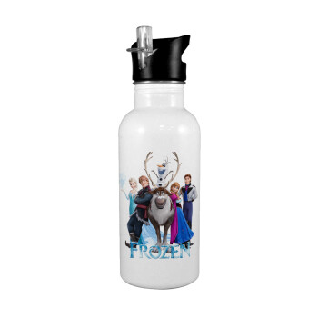 Frozen, White water bottle with straw, stainless steel 600ml