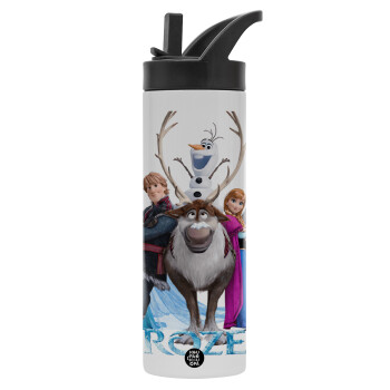 Frozen, Metallic thermos bottle with straw & handle, stainless steel (Stainless steel 304), double-walled, 600ml.