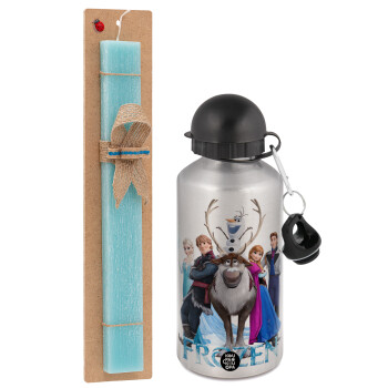 Frozen, Easter Set, metallic silver aluminum water bottle (500ml) & scented flat Easter candle (30cm) (TURQUOISE)