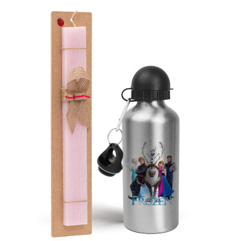 Frozen, Easter Set, metallic Silver aluminum water bottle (500ml) & scented flat Easter candle (30cm) (PINK)