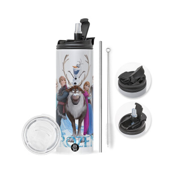 Frozen, Travel Tumbler θερμό με διπλό καπάκι, μεταλλικό καλαμάκι και βούρτσα καθαρισμού (Ανωξείδωτο 304 Food grade, BPA free, 600ml)