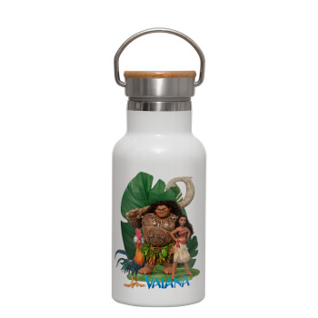 Vaiana, Metallic thermos (Stainless steel) White with wooden lid (bamboo), double-walled, 350ml