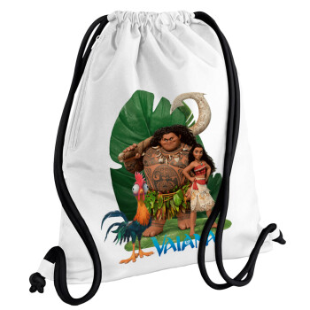 Vaiana, Τσάντα πλάτης πουγκί GYMBAG λευκή, με τσέπη (40x48cm) & χονδρά κορδόνια