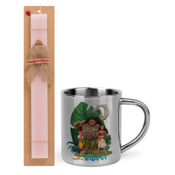 Vaiana, Easter Set, metallic thermal cup (300ml) & aromatic flat Easter candle (30cm) (PINK)