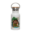 Metallic thermos (Stainless steel) White with wooden lid (bamboo), double-walled, 350ml