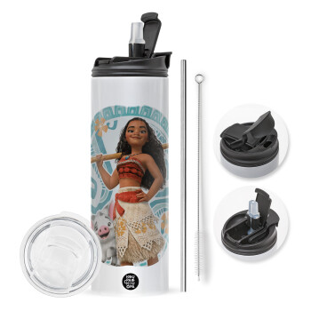 Moana, Travel Tumbler θερμό με διπλό καπάκι, μεταλλικό καλαμάκι και βούρτσα καθαρισμού (Ανωξείδωτο 304 Food grade, BPA free, 600ml)