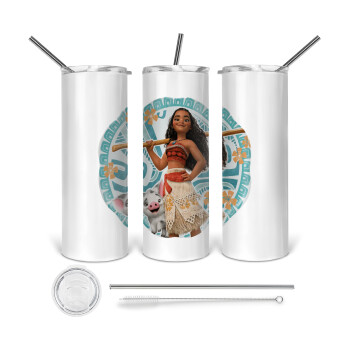 Moana, Tumbler ποτήρι θερμό από ανοξείδωτο ατσάλι 600ml, με μεταλλικό καλαμάκι & βούρτσα καθαρισμού