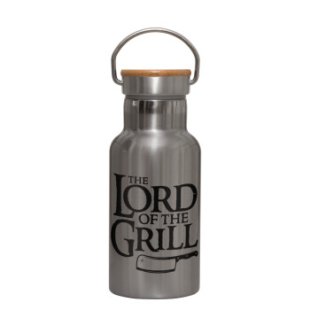 The Lord of the Grill, Stainless steel metallic thermos flask, silver with a bamboo lid, double-walled, 350ml.