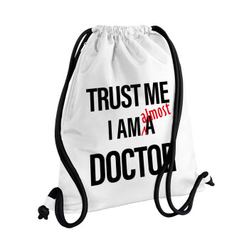Trust me, i am (almost) Doctor, Τσάντα πλάτης πουγκί GYMBAG λευκή, με τσέπη (40x48cm) & χονδρά κορδόνια