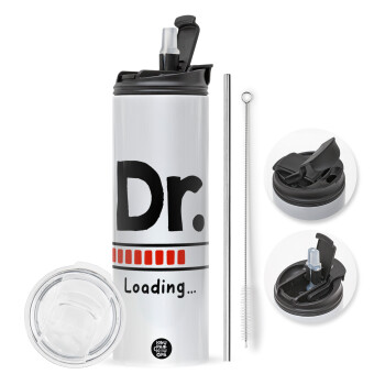 DR. Loading..., Travel Tumbler θερμό με διπλό καπάκι, μεταλλικό καλαμάκι και βούρτσα καθαρισμού (Ανωξείδωτο 304 Food grade, BPA free, 600ml)