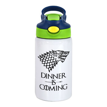 Dinner is coming (GOT), Children's hot water bottle, stainless steel, with safety straw, green, blue (350ml)