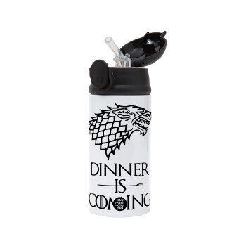 Dinner is coming (GOT), Children's hot water bottle, stainless steel, with safety straw, Black (360ml) BPA-FREE