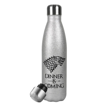 Dinner is coming (GOT), Metallic Glitter Silver Thermos Flask (Stainless steel), double-walled, 500ml