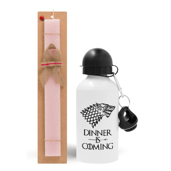 Dinner is coming (GOT), Easter Set, metallic aluminum bottle (500ml) & aromatic flat Easter candle (30cm) (PINK)