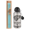 Easter Set, metallic silver aluminum water bottle (500ml) & scented flat Easter candle (30cm) (TURQUOISE)