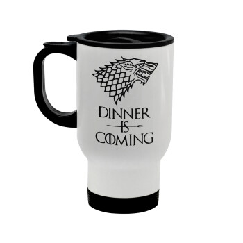 Dinner is coming (GOT), Stainless steel travel mug with lid, double wall white 450ml