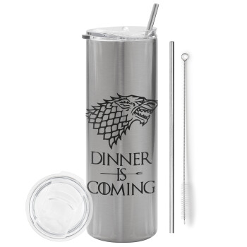 Dinner is coming (GOT), Eco friendly ποτήρι θερμό Ασημένιο (tumbler) από ανοξείδωτο ατσάλι 600ml, με μεταλλικό καλαμάκι & βούρτσα καθαρισμού