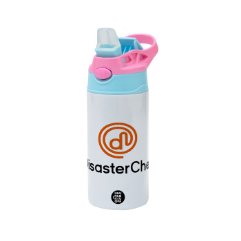 Disaster Chef, Children's hot water bottle, stainless steel, with safety straw, Pink/BlueCiel (360ml) BPA FREE