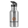 Water bottle Silver with straw, stainless steel 600ml