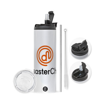 Disaster Chef, Travel Tumbler 2 Lids, with metal straw & cleaning brush (Stainless steel 304 Food grade, BPA free, 600ml)