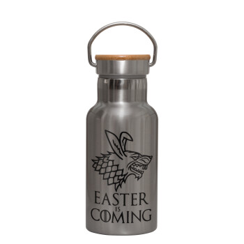 Easter is coming (GOT), Stainless steel metallic thermos flask, silver with a bamboo lid, double-walled, 350ml.