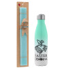 Easter Set, Metallic green/white thermos (Stainless steel), double-walled, 500ml & scented flat Easter candle (30cm) (TURQUOISE)