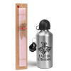 Easter Set, metallic Silver aluminum water bottle (500ml) & scented flat Easter candle (30cm) (PINK)