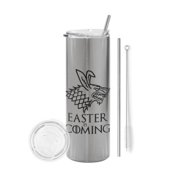 Easter is coming (GOT), Eco friendly ποτήρι θερμό Ασημένιο (tumbler) από ανοξείδωτο ατσάλι 600ml, με μεταλλικό καλαμάκι & βούρτσα καθαρισμού