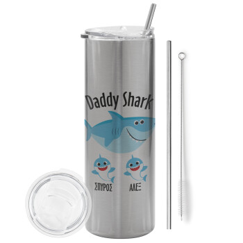 Daddy Shark (με ονόματα παιδικά), Tumbler stainless steel Silver 600ml, with metal straw & cleaning brush