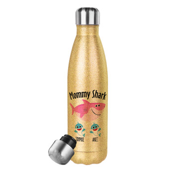 Mommy Shark (με ονόματα παιδικά), Glitter gold stainless steel thermos bottle, double-walled, 500ml