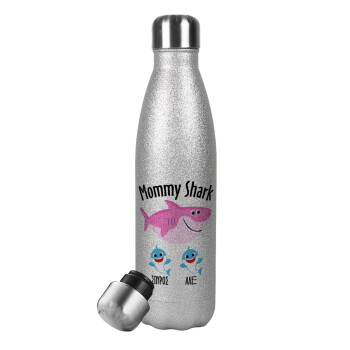 Mommy Shark (με ονόματα παιδικά), Metallic Glitter Silver Thermos Flask (Stainless steel), double-walled, 500ml