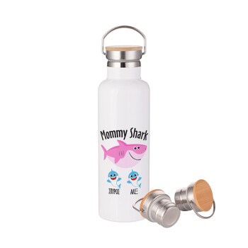 Mommy Shark (με ονόματα παιδικά), Stainless steel White with wooden lid (bamboo), double wall, 750ml