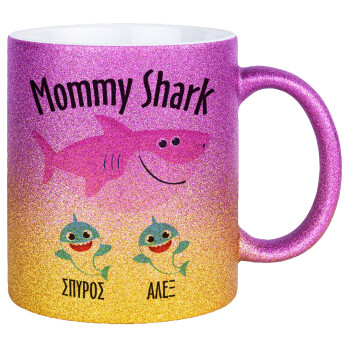 Mommy Shark (με ονόματα παιδικά), Κούπα Χρυσή/Ροζ Glitter, κεραμική, 330ml