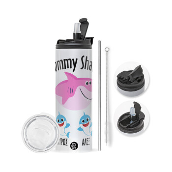 Mommy Shark (με ονόματα παιδικά), Travel Tumbler 2 Lids, with metal straw & cleaning brush (Stainless steel 304 Food grade, BPA free, 600ml)