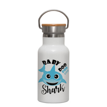 Baby Shark (boy), Metallic thermos (Stainless steel) White with wooden lid (bamboo), double-walled, 350ml