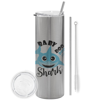 Baby Shark (boy), Eco friendly stainless steel Silver tumbler 600ml, with metal straw & cleaning brush