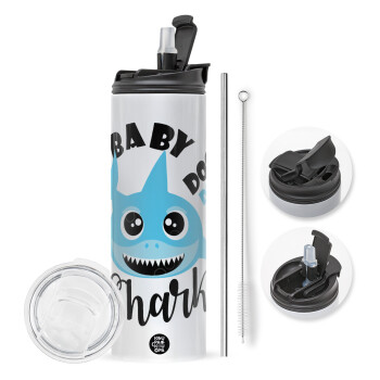 Baby Shark (boy), Travel Tumbler θερμό με διπλό καπάκι, μεταλλικό καλαμάκι και βούρτσα καθαρισμού (Ανωξείδωτο 304 Food grade, BPA free, 600ml)