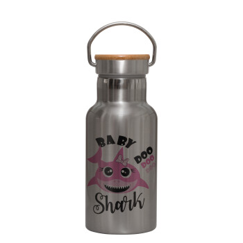 Baby Shark (girl), Stainless steel metallic thermos flask, silver with a bamboo lid, double-walled, 350ml.