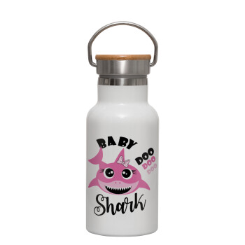 Baby Shark (girl), Μεταλλικό παγούρι θερμός (Stainless steel) Λευκό με ξύλινο καπακι (bamboo), διπλού τοιχώματος, 350ml