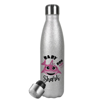 Baby Shark (girl), Metallic Glitter Silver Thermos Flask (Stainless steel), double-walled, 500ml