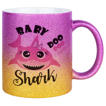 Baby Shark (girl), Κούπα Χρυσή/Ροζ Glitter, κεραμική, 330ml