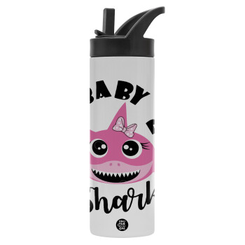 Baby Shark (girl), Metallic thermos bottle with straw & handle, stainless steel (Stainless steel 304), double-walled, 600ml.