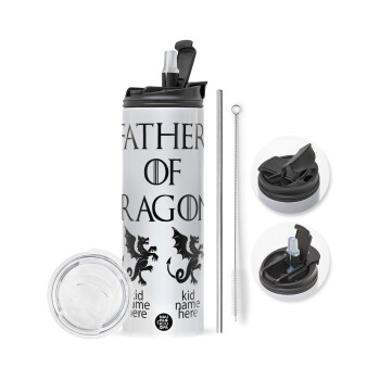 GOT, Father of Dragons  (με ονόματα παιδικά), Travel Tumbler θερμό με διπλό καπάκι, μεταλλικό καλαμάκι και βούρτσα καθαρισμού (Ανωξείδωτο 304 Food grade, BPA free, 600ml)