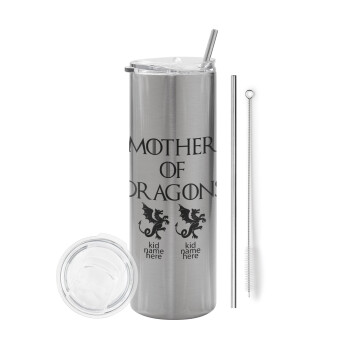 GOT, Mother of Dragons  (με ονόματα παιδικά), Tumbler stainless steel Silver 600ml, with metal straw & cleaning brush