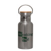 Stainless steel metallic thermos flask, silver with a bamboo lid, double-walled, 350ml.